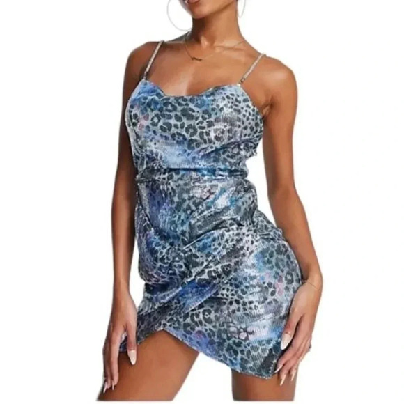 ASOS Design Sequin Diamante Strap Mini Dress blue snake print Size 0 NWT - Picture 11 of 15